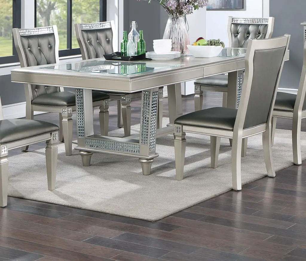 Formal Traditional Dining Table Rectangle Table Silver Hue Glass Leaf kanepe