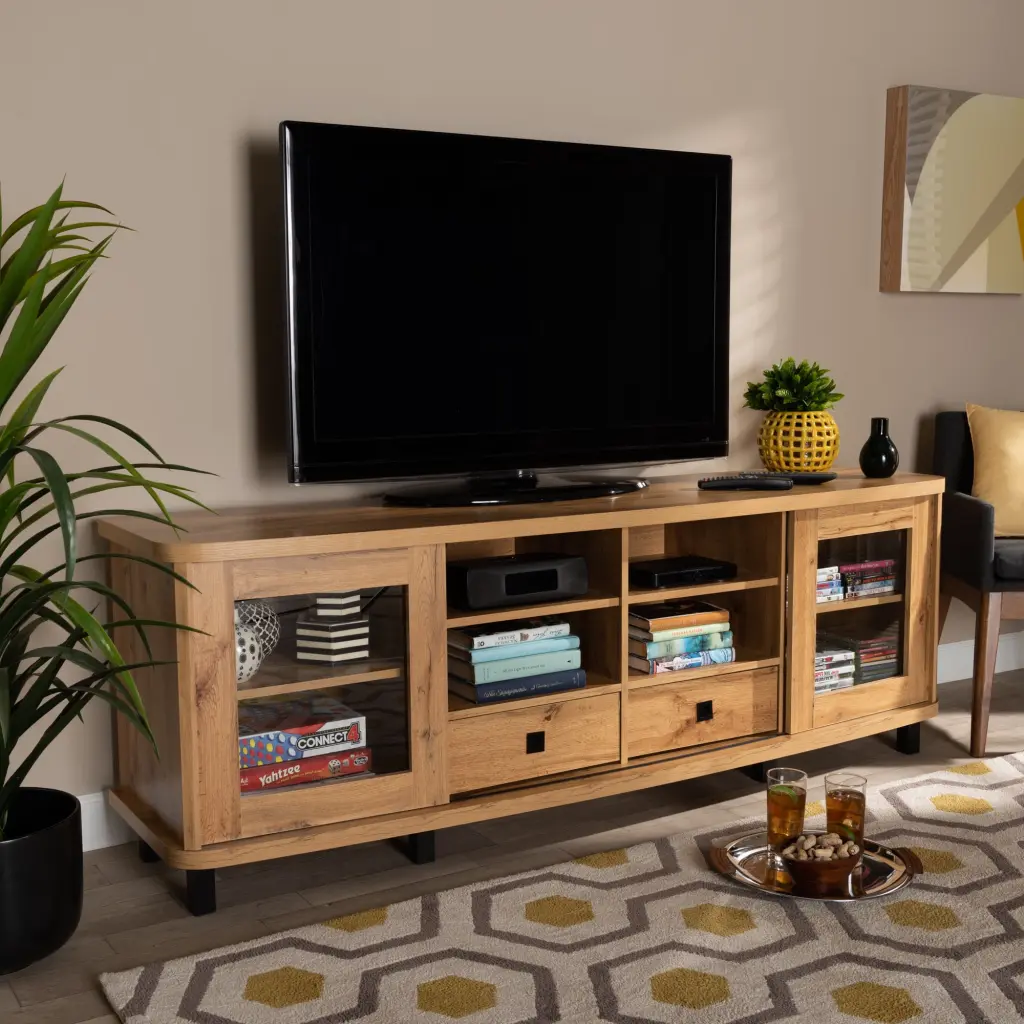 Baxton Studio Walda Wood TV Stand 2 Drawers 68 Inch TVs Brown Finish Media Console