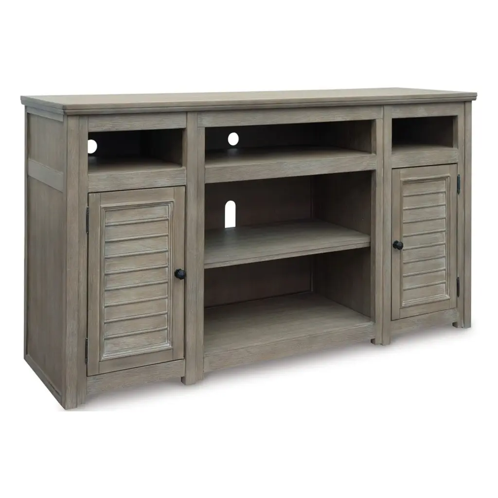 BenJara 72 Inch TV Media Entertainment Console Louvered Door Panels Bisque Finish Convenience Concepts