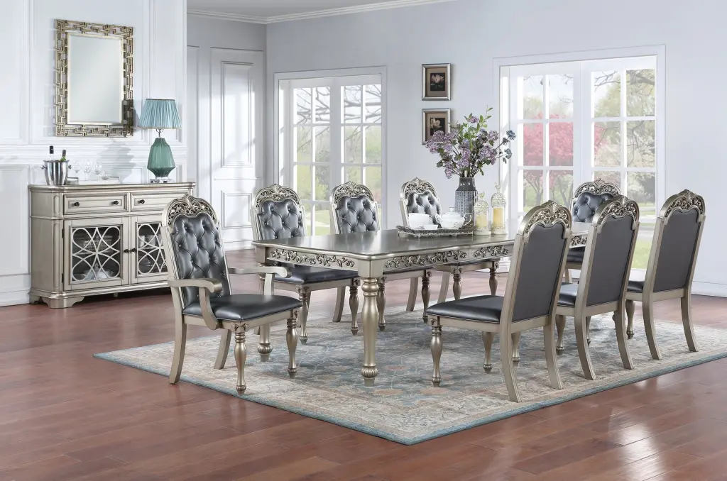 Traditional Shiny Metal Grey Finish 9 Piece Dining Set 2 Arm Chairs kanepe