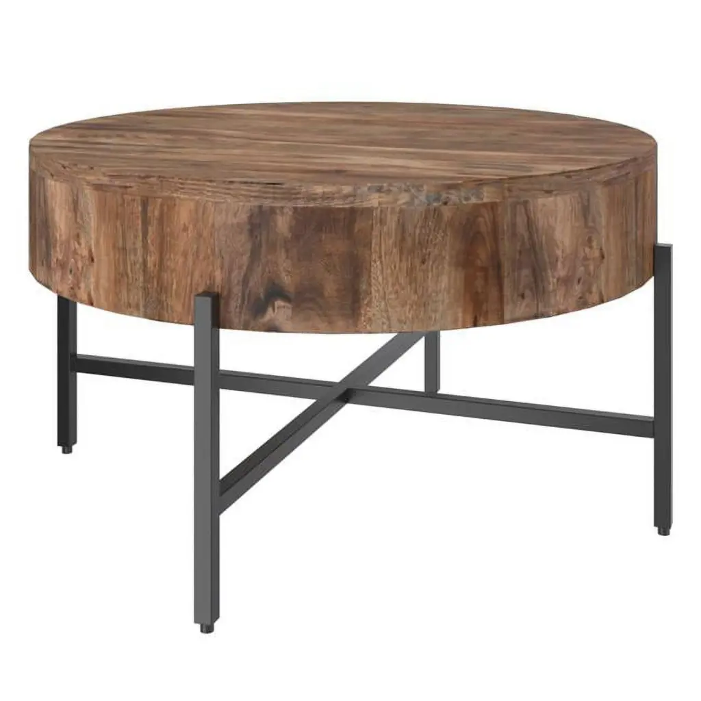 Blox Round Transitional Solid Wood and Iron Coffee Table Natural Finish Living Room