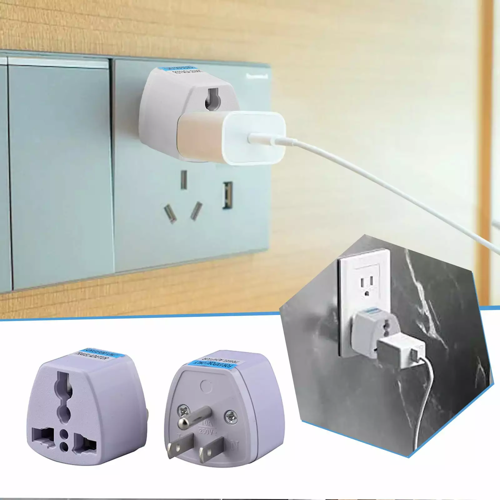 4-Pack Universal Travel Plug Adapter Set Cord Organizer Roll UK US Europe Canada