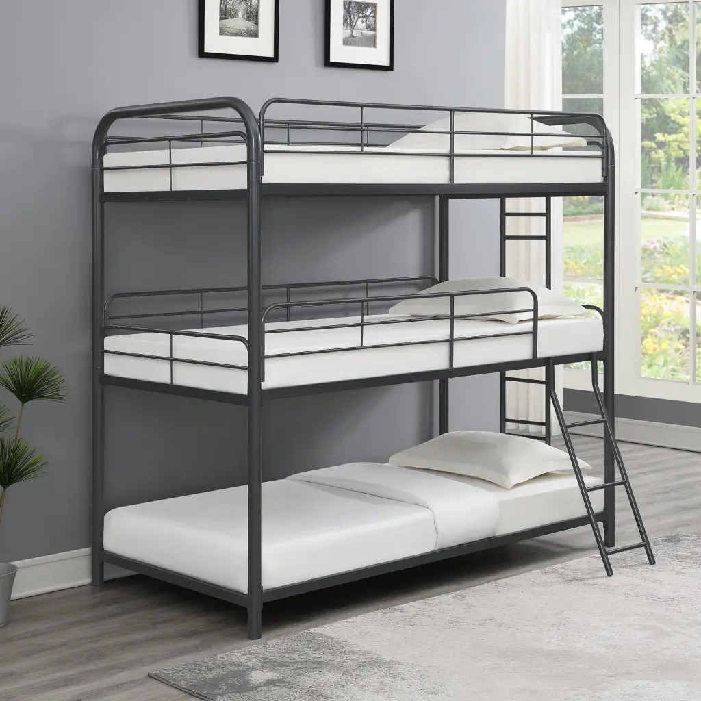 Triple Bunk Bed Black Metal Frame, Three Twin Beds Space Saving civilfurniture