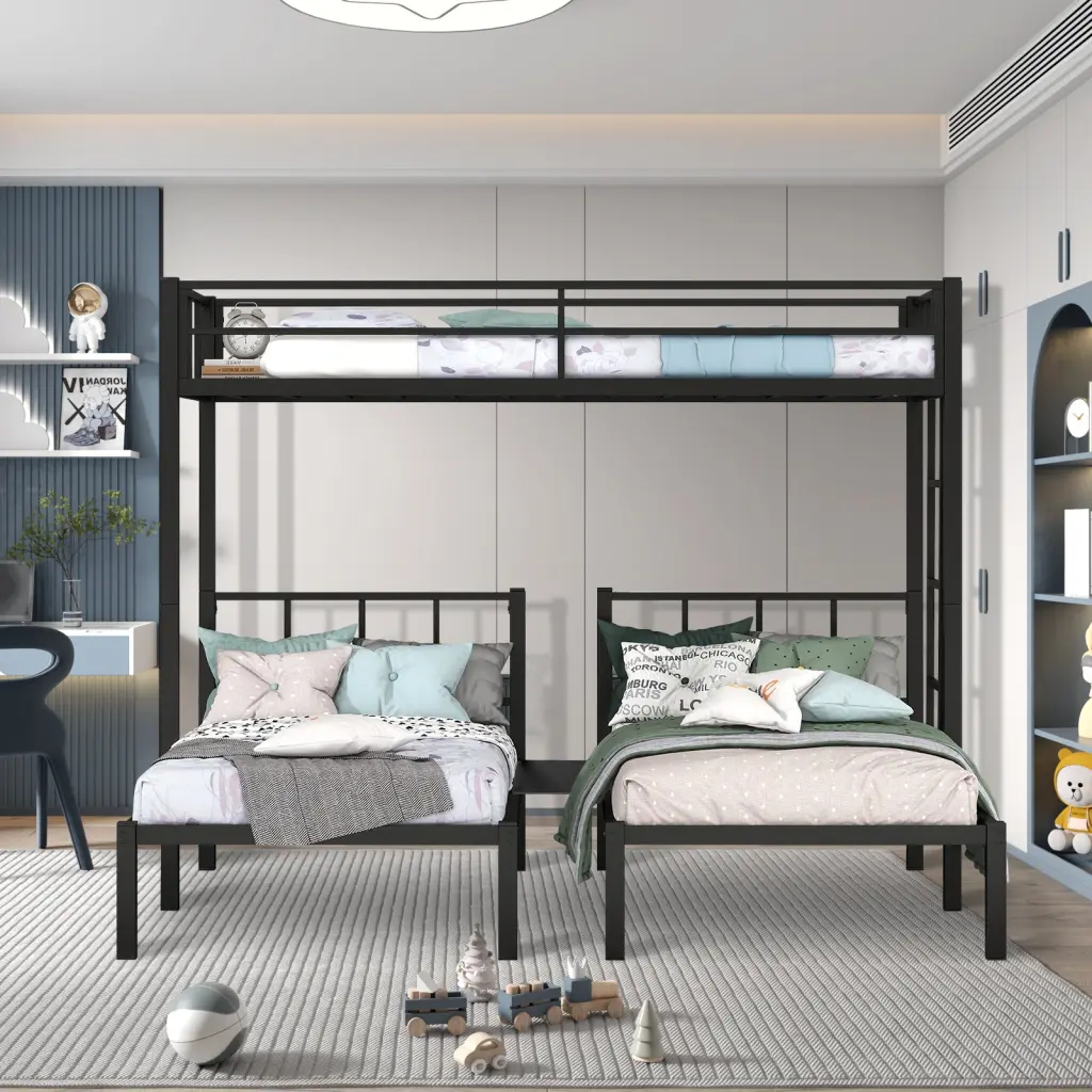 Triple Twin Bunk Bed Can Be Separated into 3 Twin Beds Black Metallic Frame storage sheds