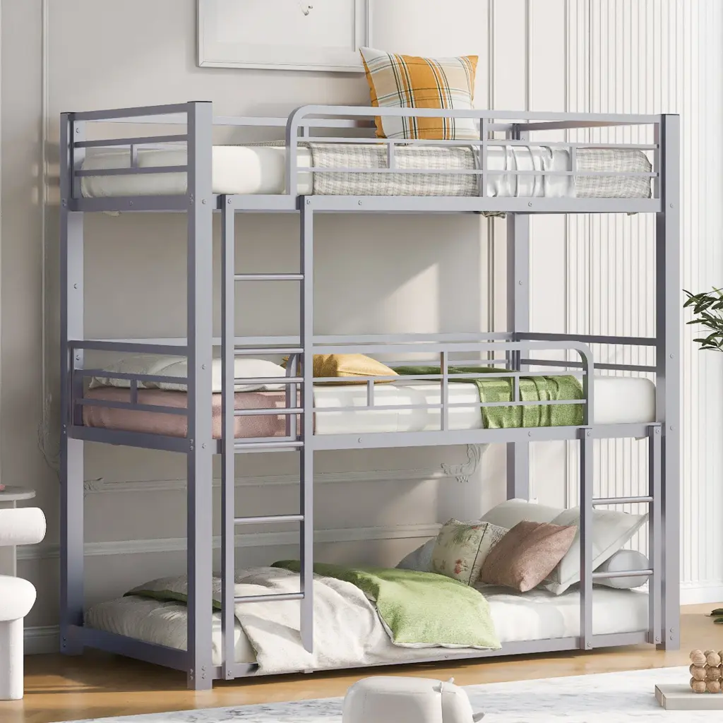 Metallic Twin Triple Bunk Bed Shiny Metal Frame Space Saving Kids Bed wm store
