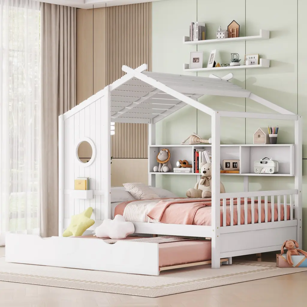 Modern Wooden Full Size Houtilize Bed Trundle Kids homey life