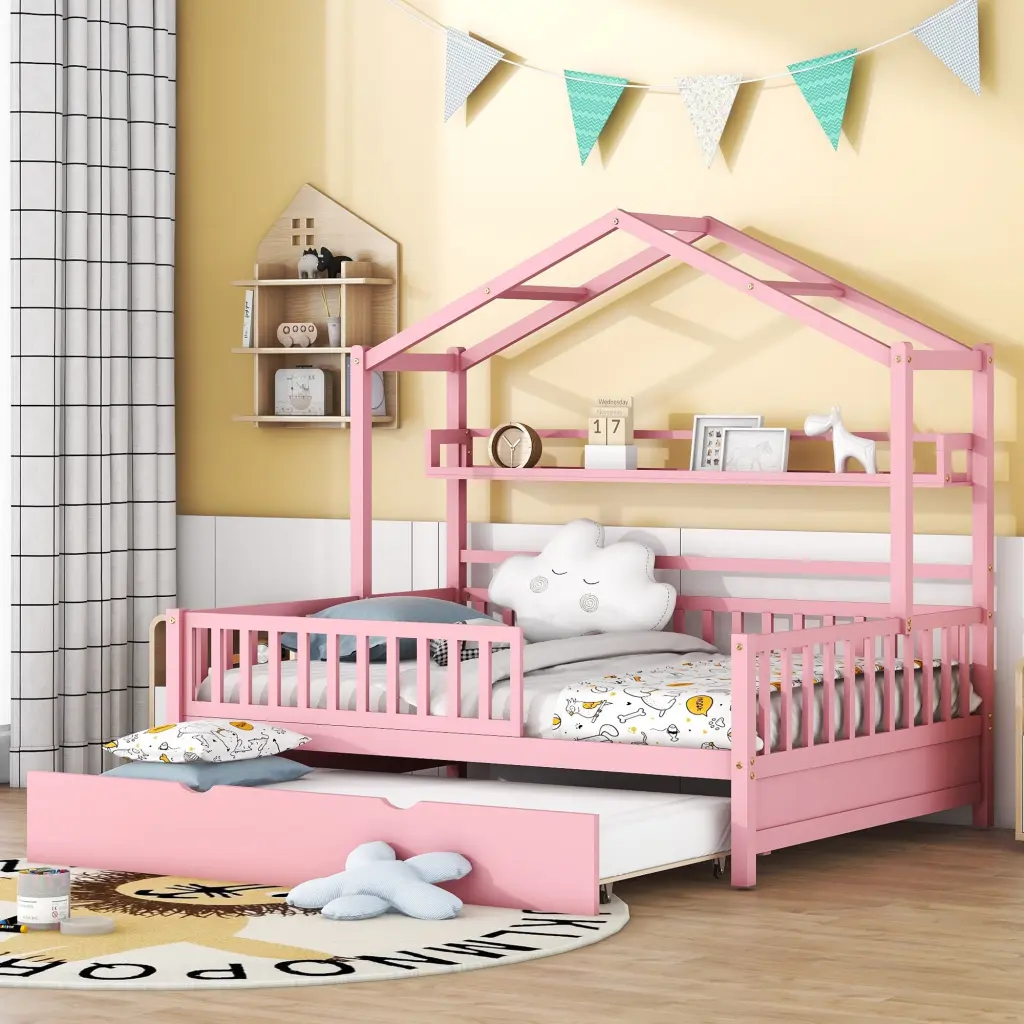 Wooden Full Dimensions Houtilize Bed Twin Dimensions Trundle Kids Bed Shelf homey life