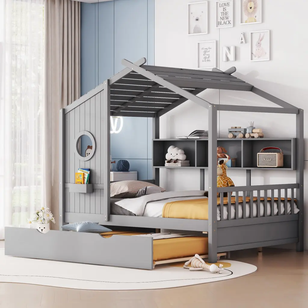 Wooden Full Houtilize Bed Trundle Modern Design Kids homey life