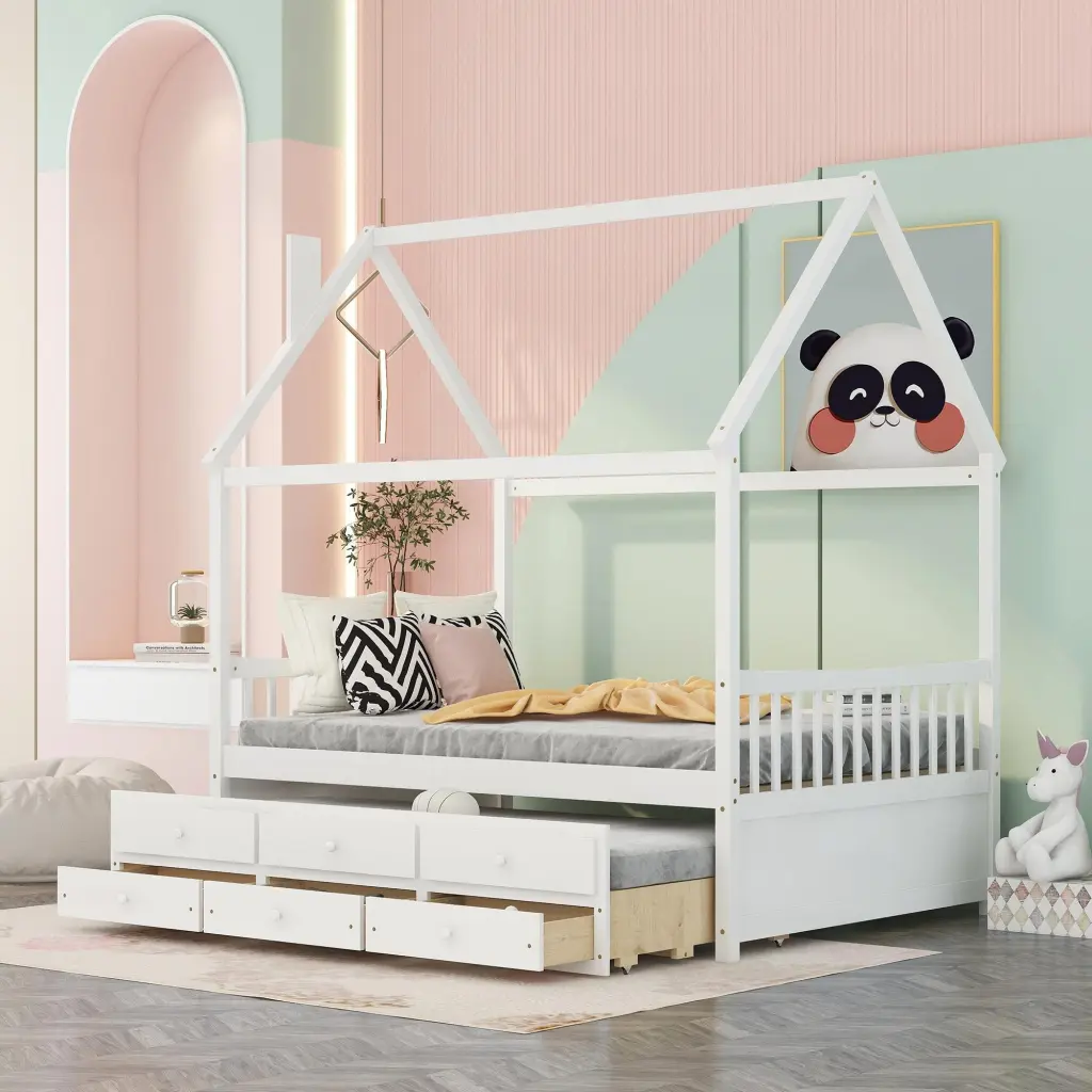 Full Size Wooden Houtilize Bed Trundle And 3 Storage Drawers White lucky furniture