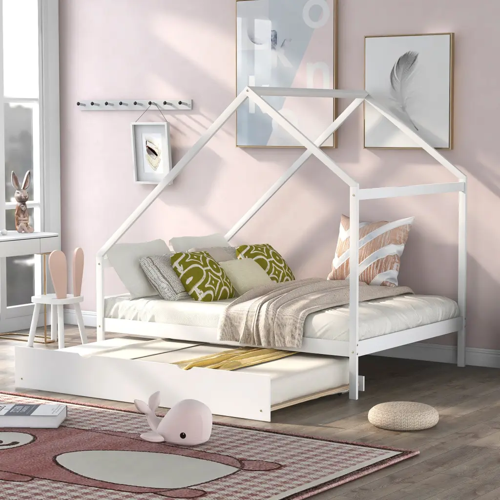 Full Size Wooden Houtilize Bed Twin Trundle White lucky furniture