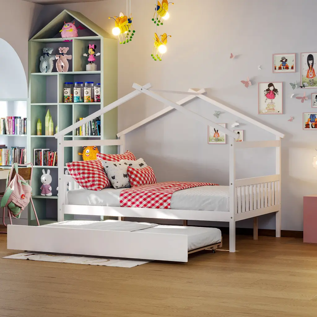 Full Wooden Houtilize Bed Twin Trundle White Solid Wood lucky furniture