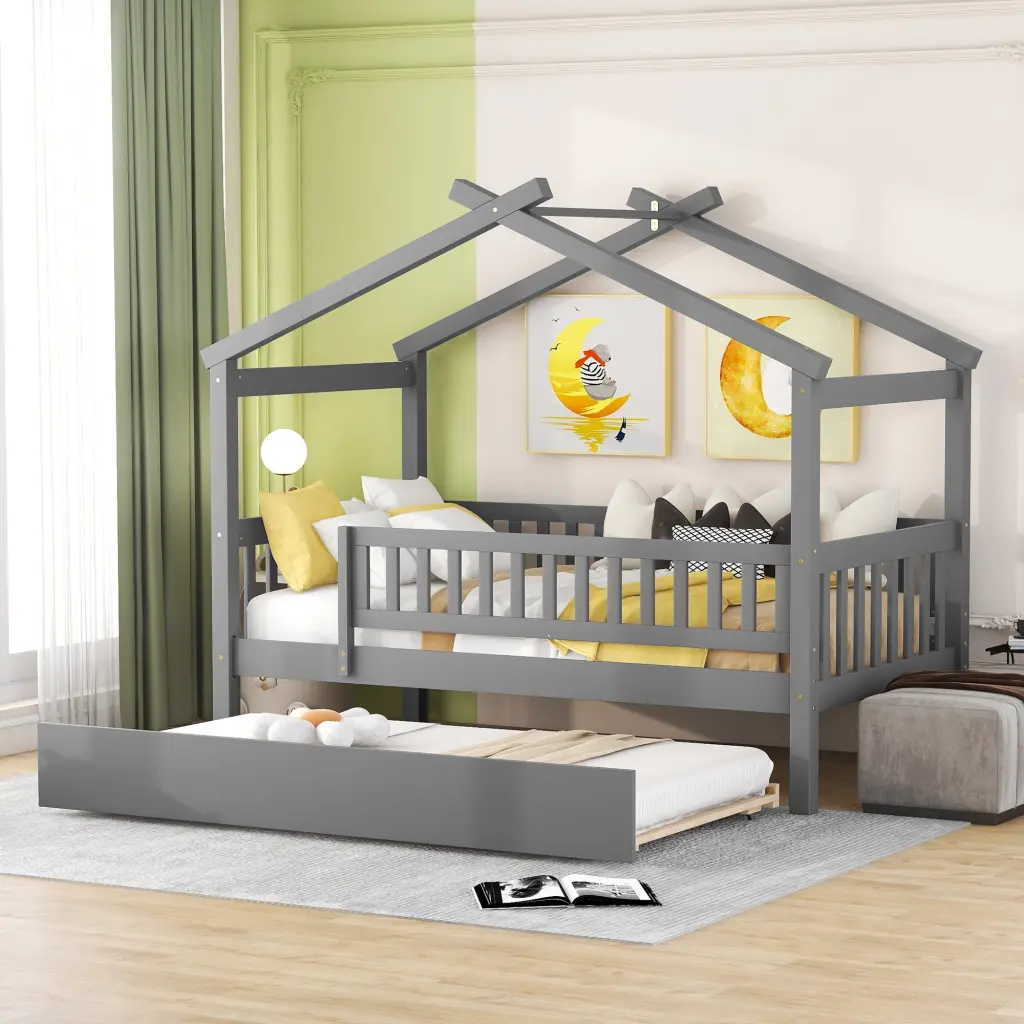 Twin Dimensions Wooden Houtilize Bed Trundle Gray Twin Solid Storage Bed lucky furniture