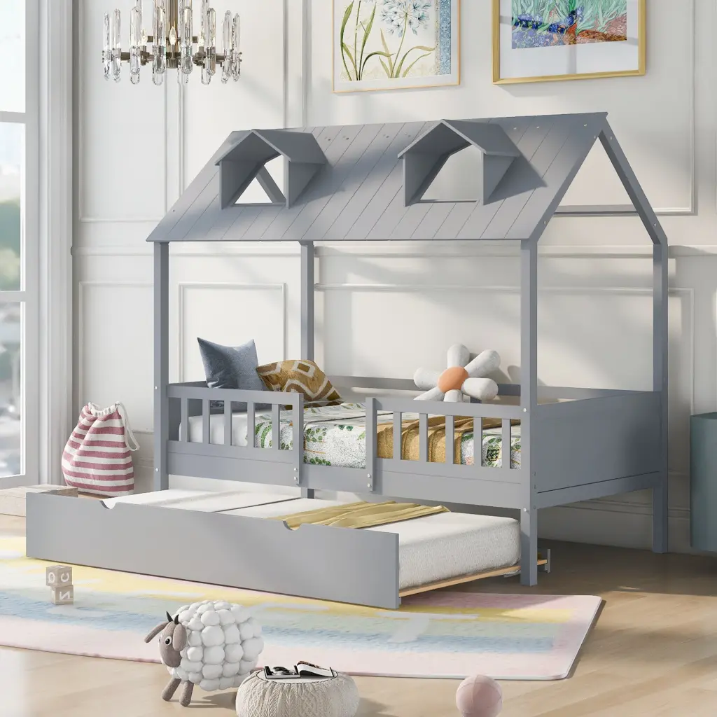 Twin Size Gray Solid Wood Trundle Bed Storage Houtilize Bed Frame lucky furniture