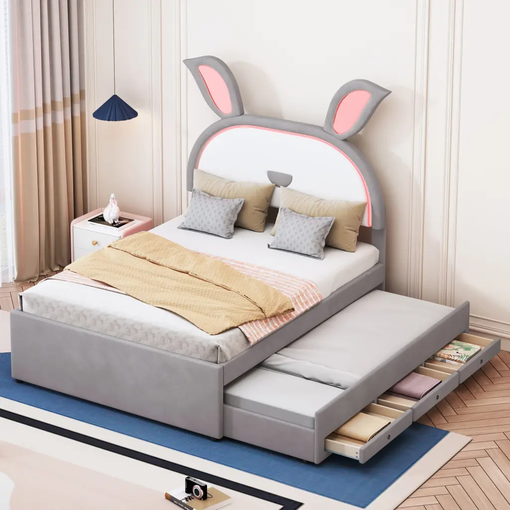 Full Size Upholstered Platform Bed Trundle and 3 Drawers lucky world