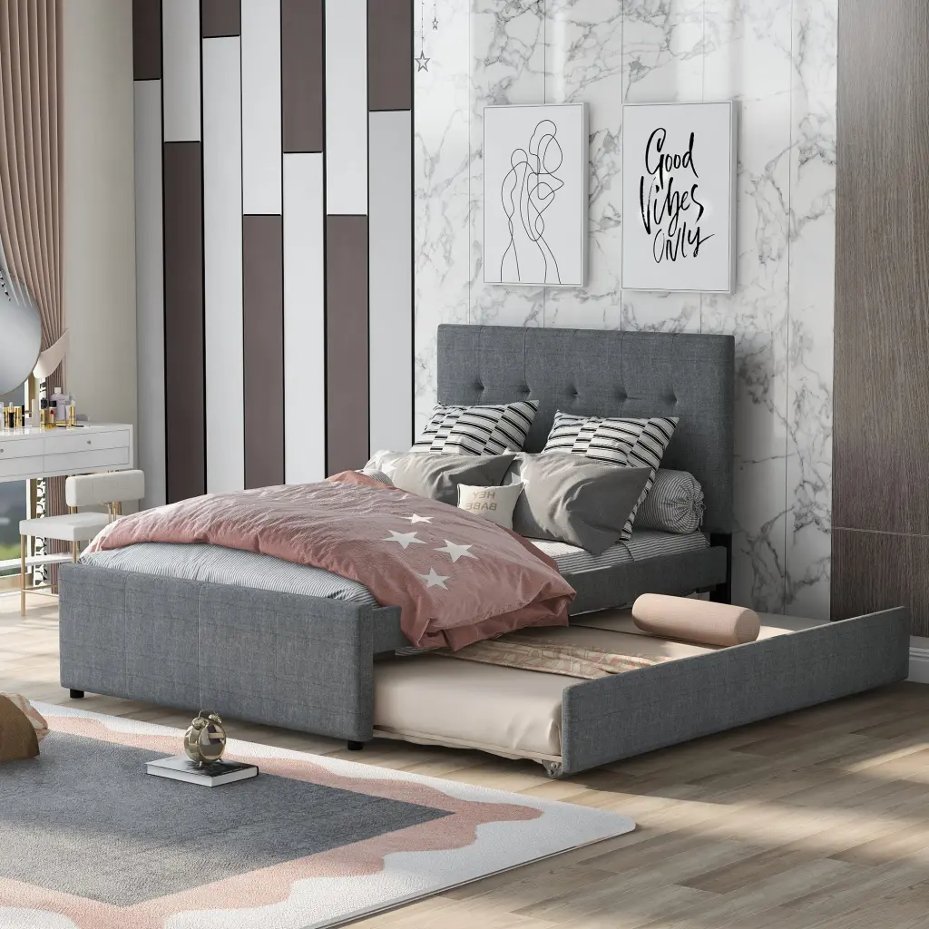Upholstered Bed Trundle Rails Gray Linen wm store
