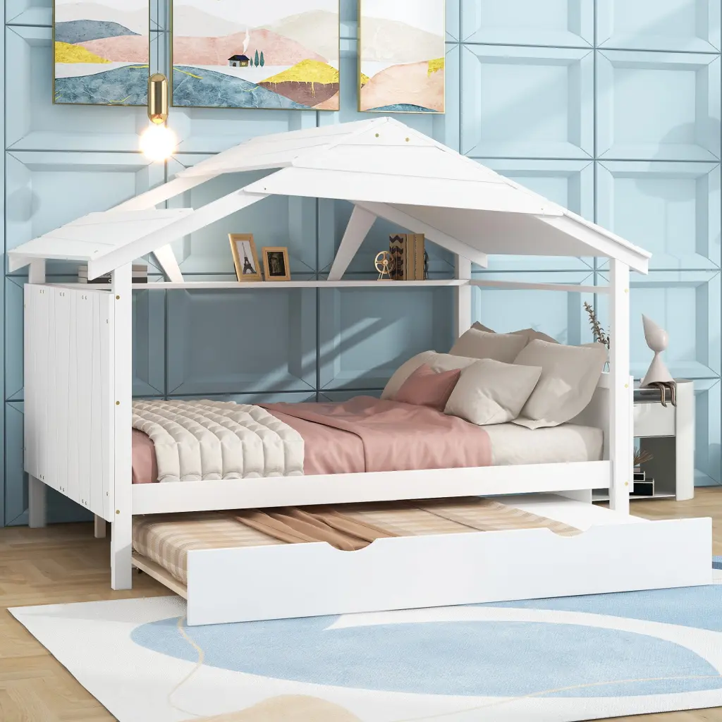 White Wood Full Dimensions Houtilize Bed Twin Trundle and Storage Box wm store