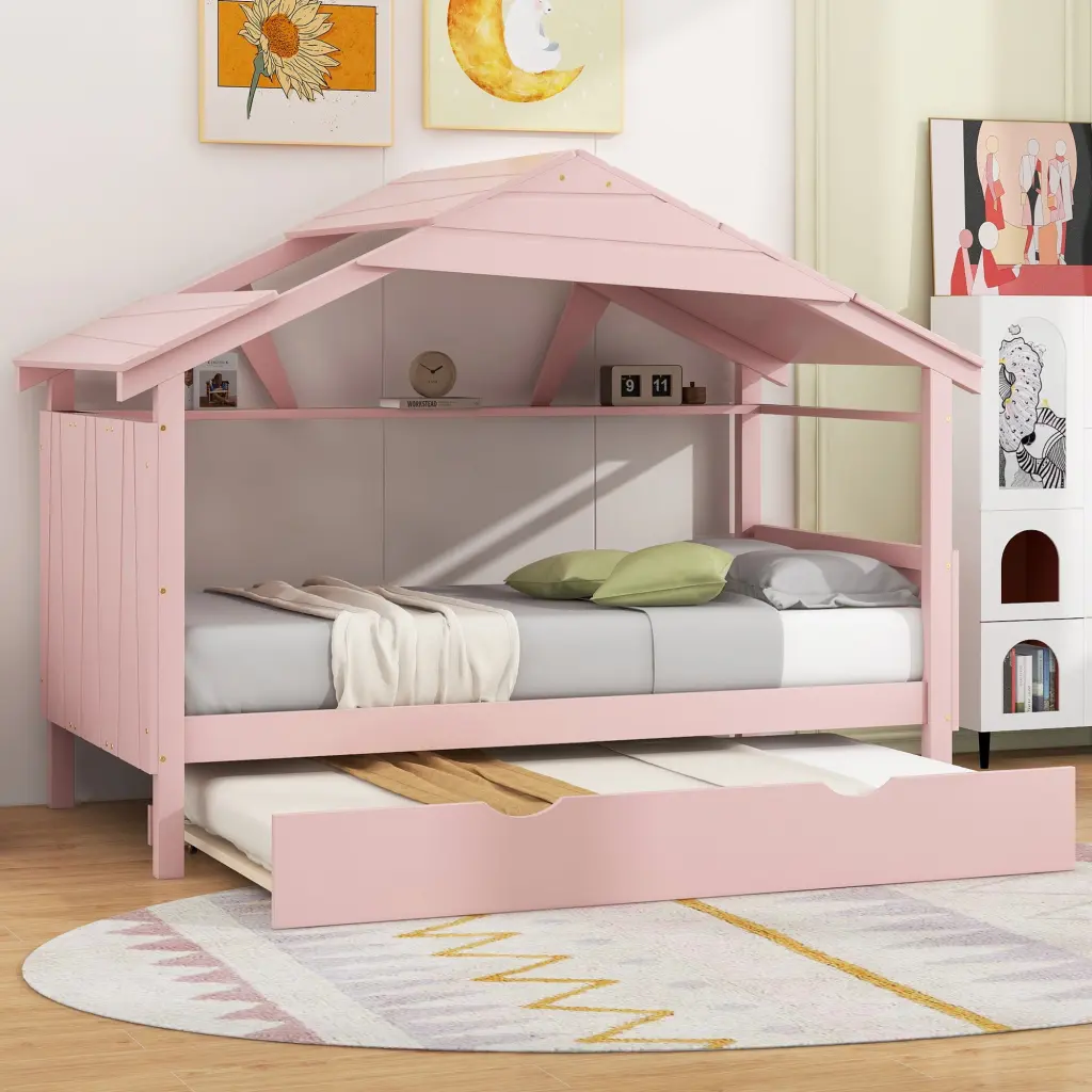 Wood Twin Dimensions Houtilize Bed Trundle and Storage Pink Box Spring Not Included wm store