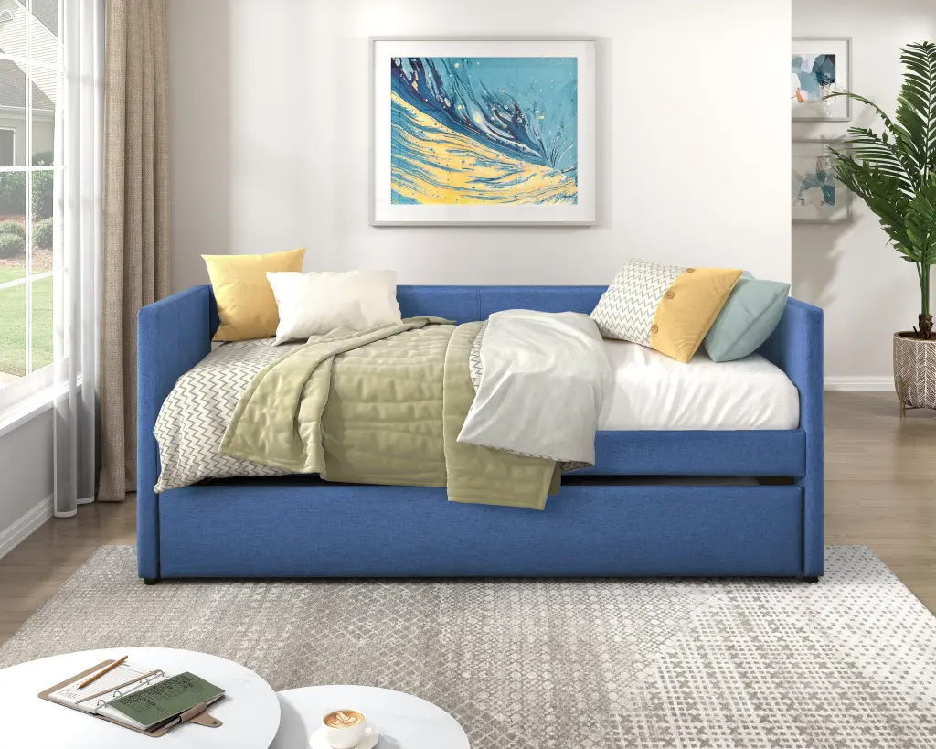 1 Piece Daybed Trundle, Blue Upholstery Timber Frame Modern Home Furniture kanepe