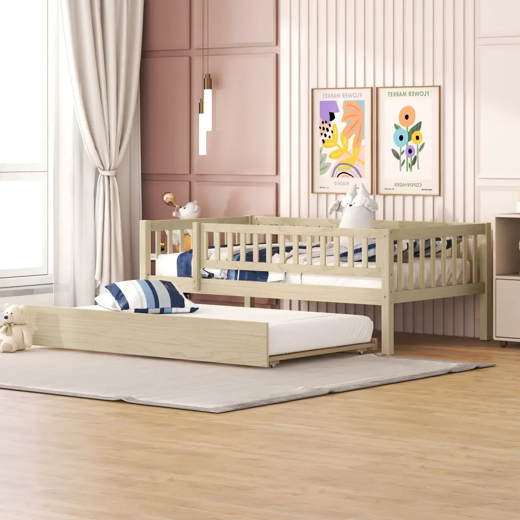 Twin Size Wood Daybed Trundle and Fence Guardrails Natural Finish lucky furniture