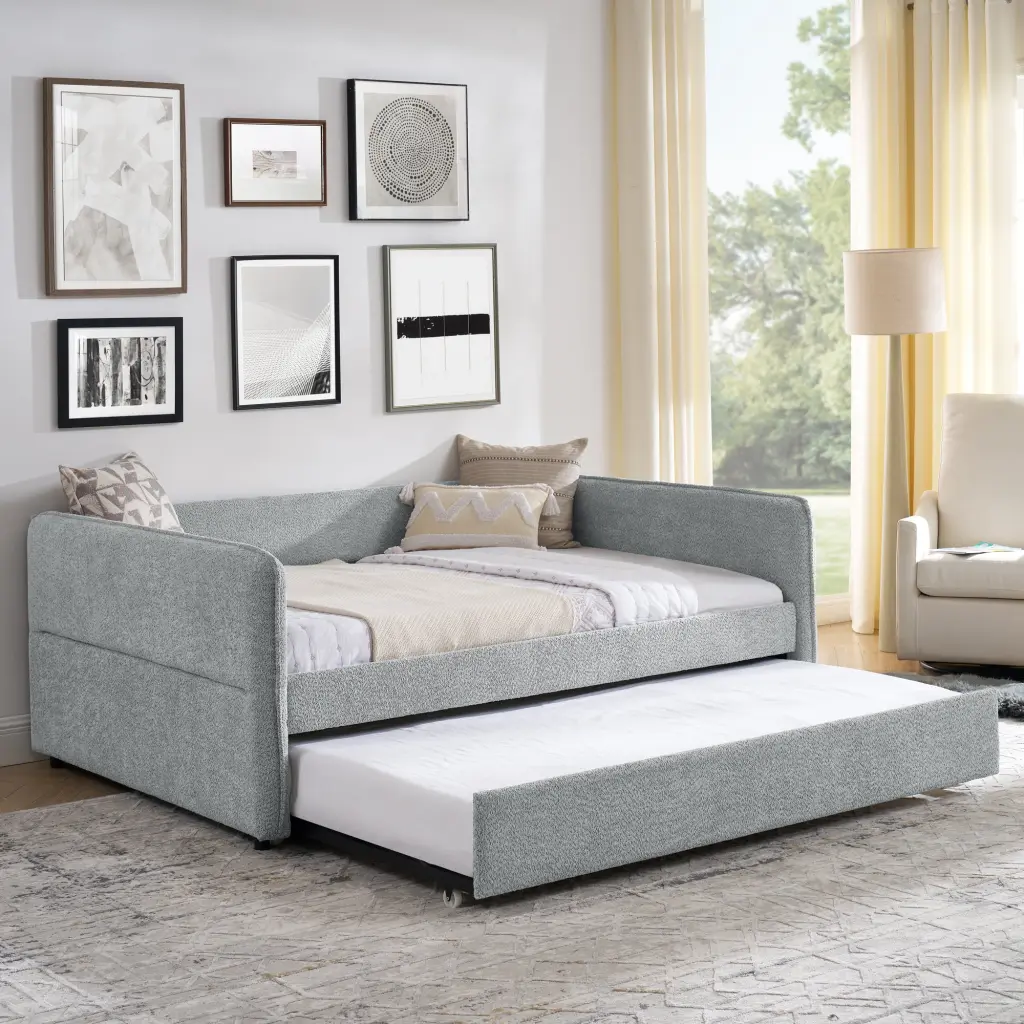 Daybed Trundle Upholstered Tufted Sofa Bed Full Dimensions Boucle Fabric royal star
