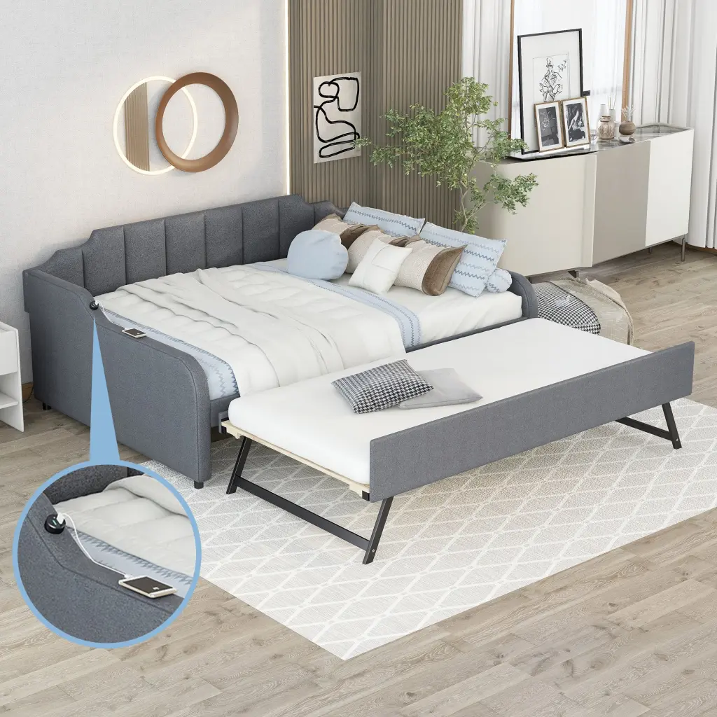 Full Size Upholstered Daybed Trundle and USB Charging wm store