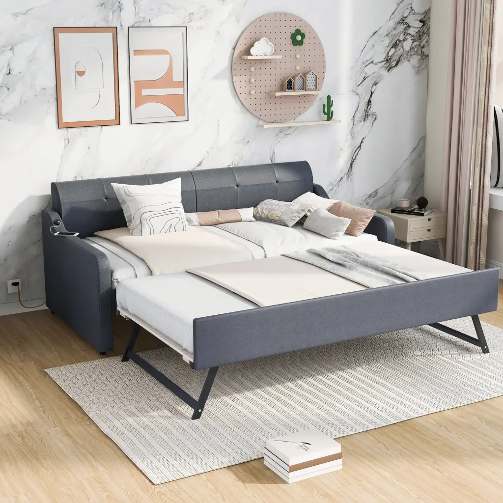 Twin Upholstered Daybed Trundle And USB Charging Modern Sleeper Sofa wm store