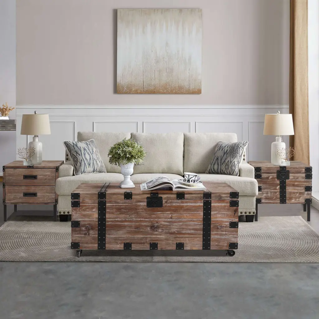 Antique Reclaimed Wood Gray Trunk Table And Side Table Set Large Storage housemart