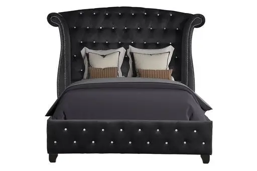 Crystal Tufted King Bed Black Wood Box Spring Not Required galaxy home furnishings