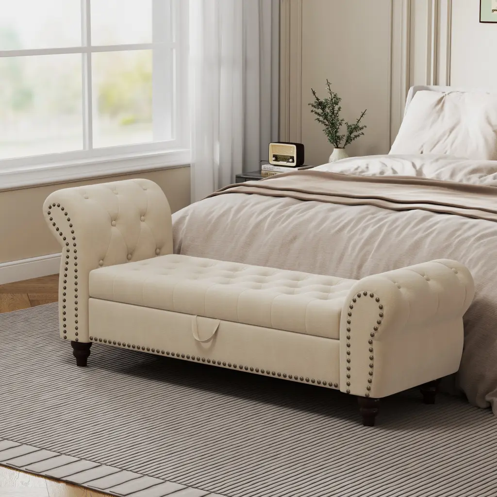 64.5 Bed Bench Bedroom Nails Tufted Chaise Lounge Storage hdf store