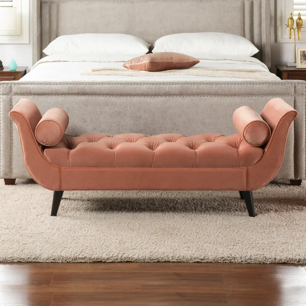 Alma Tufted Flared Arm Entryway Bench Peach Orange Velvet Orange Foam jennifer taylor home