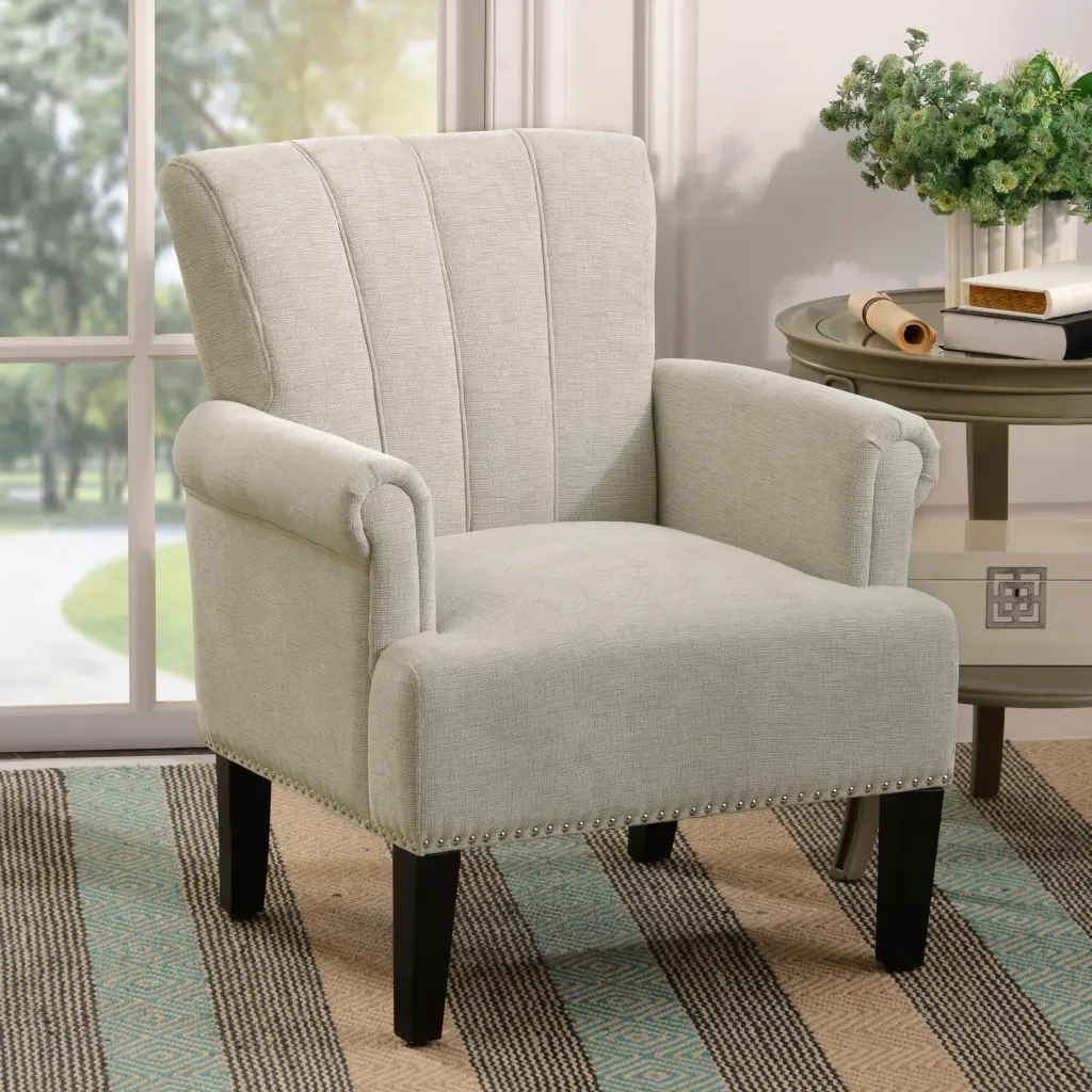 Cream Polyester Tufted Accent Armchair Rivet Details Living Room bed best