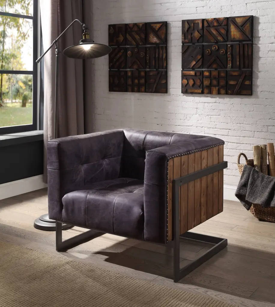 Antique Ebony And Rustic Oak Tufted Accent Chair Brown Oak Living Room Chair furniture max
