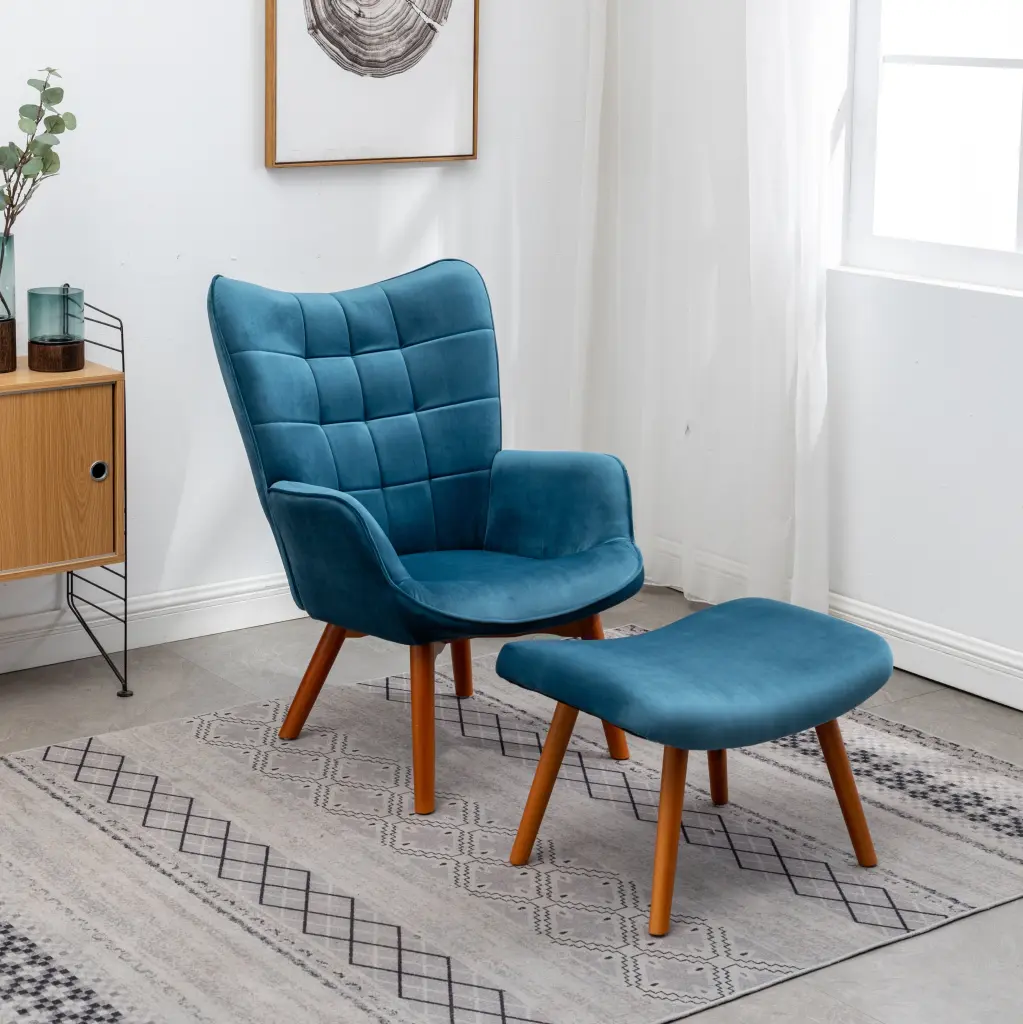 Leiria Contemporary Silky Velvet Tufted Accent Chair Ottoman Blue Living Room Furniture hz