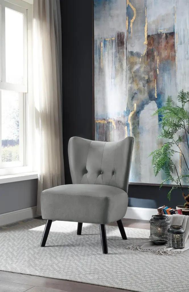 One---kind Gray Velvet Accent Chair Button Tufted Back kanepe