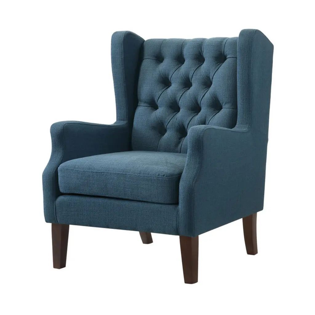 Keva 31 Inch Accent Chair Deep Button Tufted Wing Support Smooth Blue Fabric royal hampton