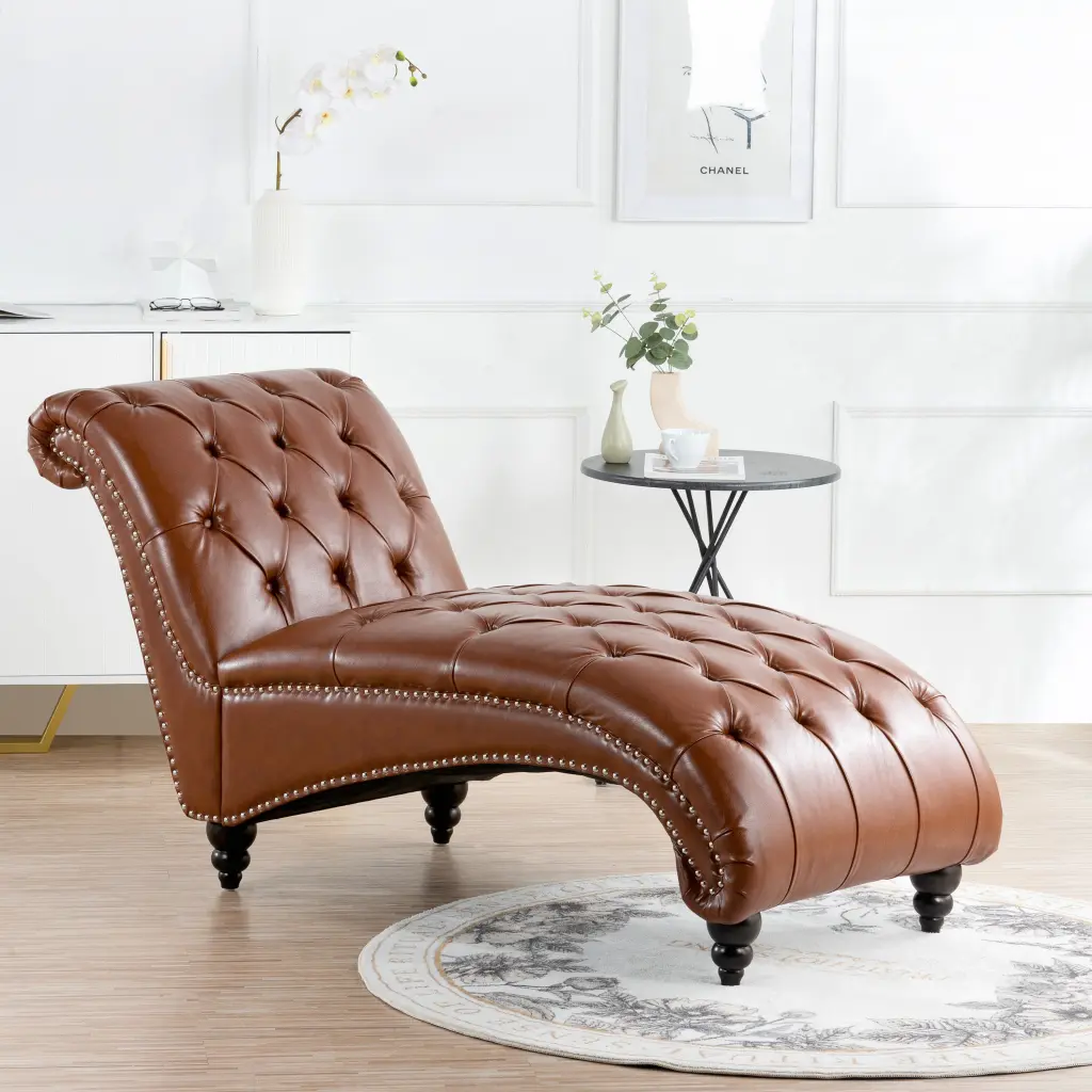 Tufted Armless Chaise Lounge Brown PU Comfortable Seating rnb