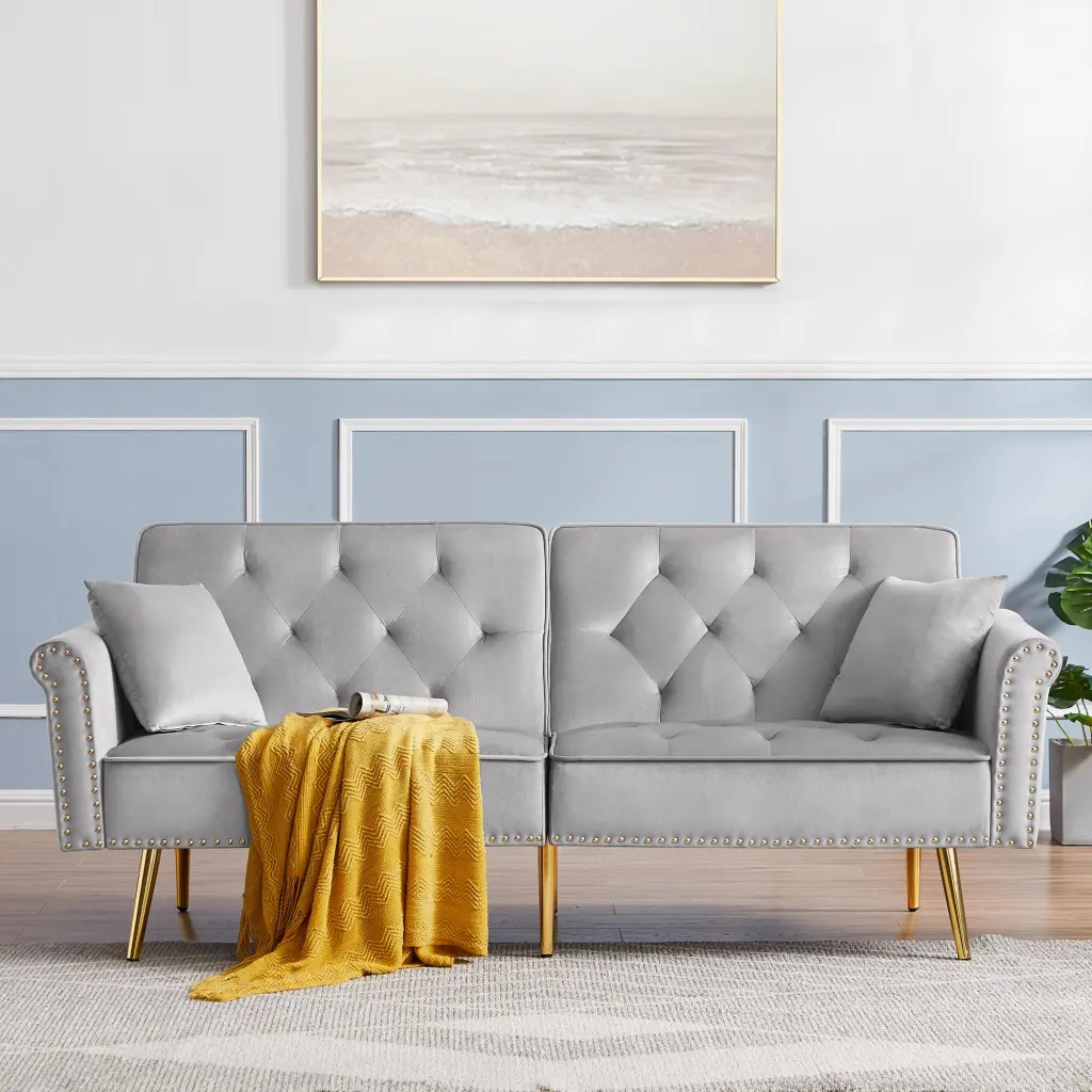 Grey Velvet Tufted Sofa Couch 2 Pillows And Trim Light Grey Wood Legs cy furniture