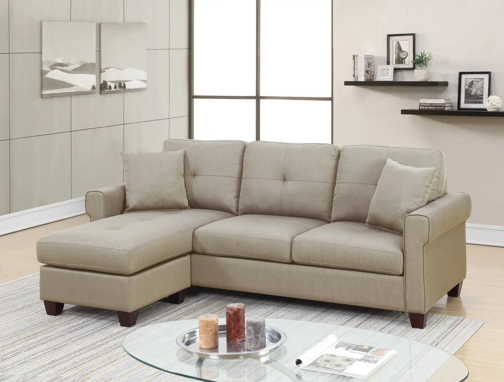 Beige Glossy Polyfiber Tufted Cushion Couch Sectional Sofa Chaise kanepe