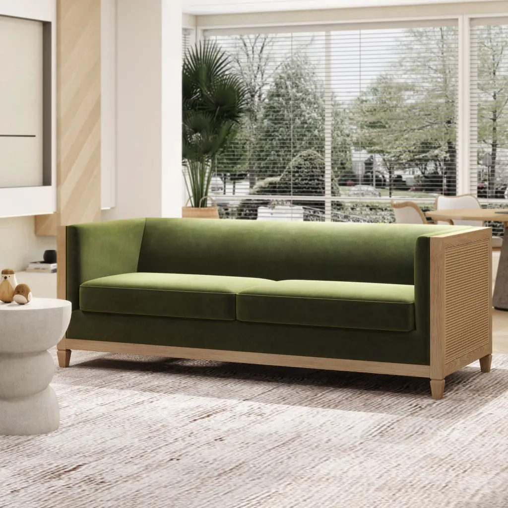 Georgia 81 Inch Cane Rattan Tuxedo Sofa Olive Green Velvet Upholstery jennifer taylor home