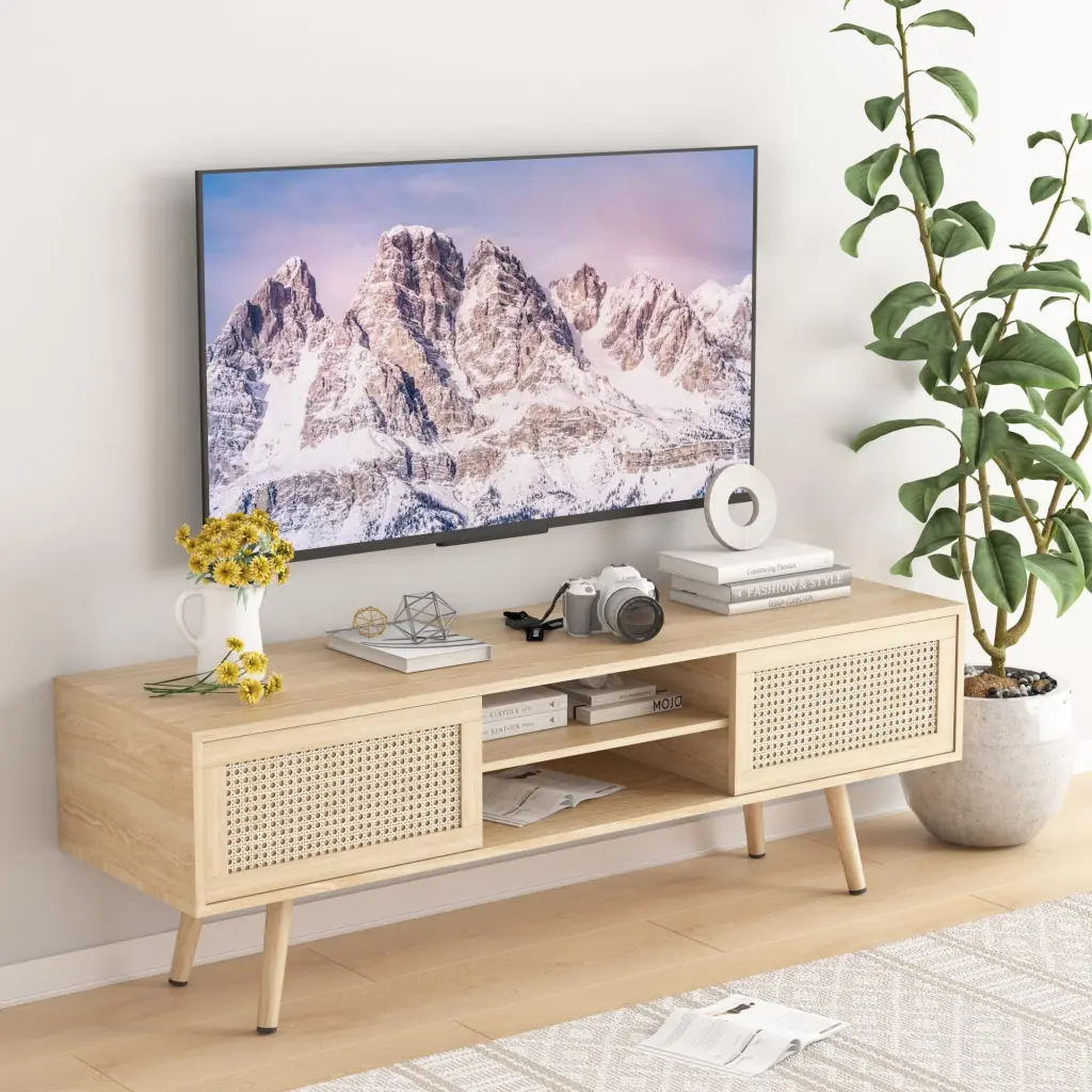 Rattan TV Stand 55 Inch TVs - Boho Farmhouse Media Cabinet Sliding Doors Fiogmub