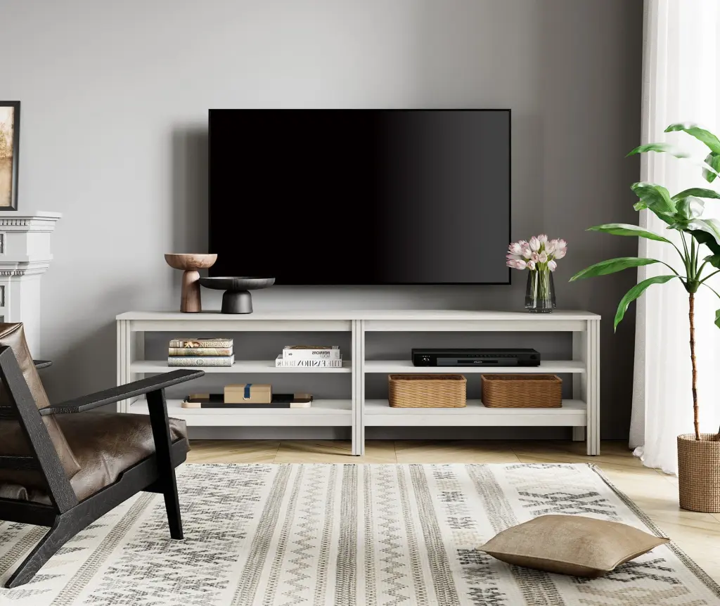 White TV Stand 75 Inch TV Farmhouse Wood TV Cabinet 4 Cubby Living Room Bedroom 70 inch FITUEYES