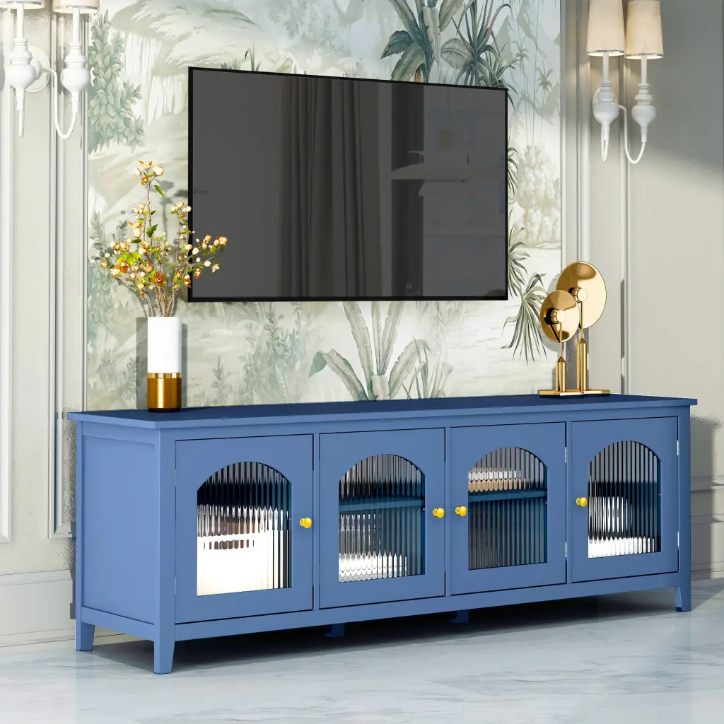 71-Inch Stylish Antique Blue TV Cabinet Changhong Glass Doors and Metal Handles OMCCHK