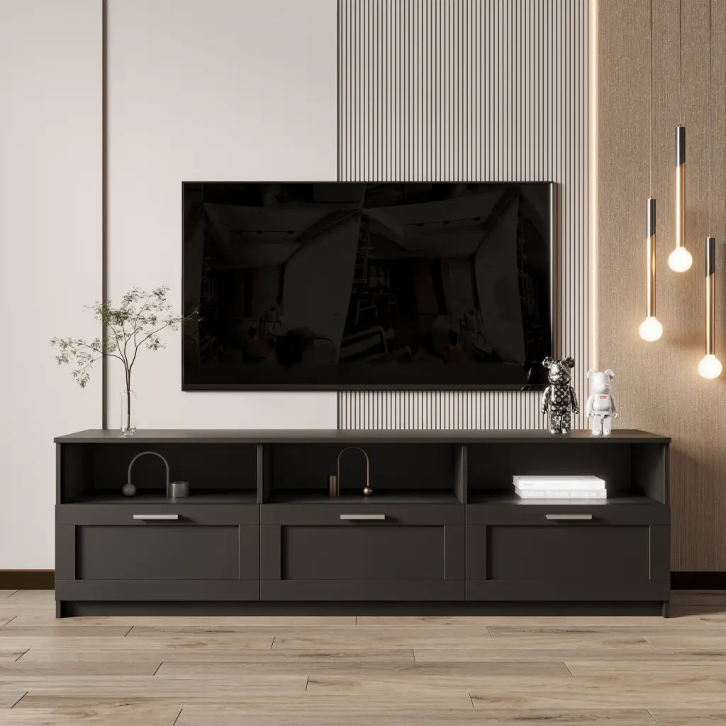 Sesslife Modern Minimalist TV Cabinet 80 Inch TVs Black Media Storage Furniture Living Room Bedroom