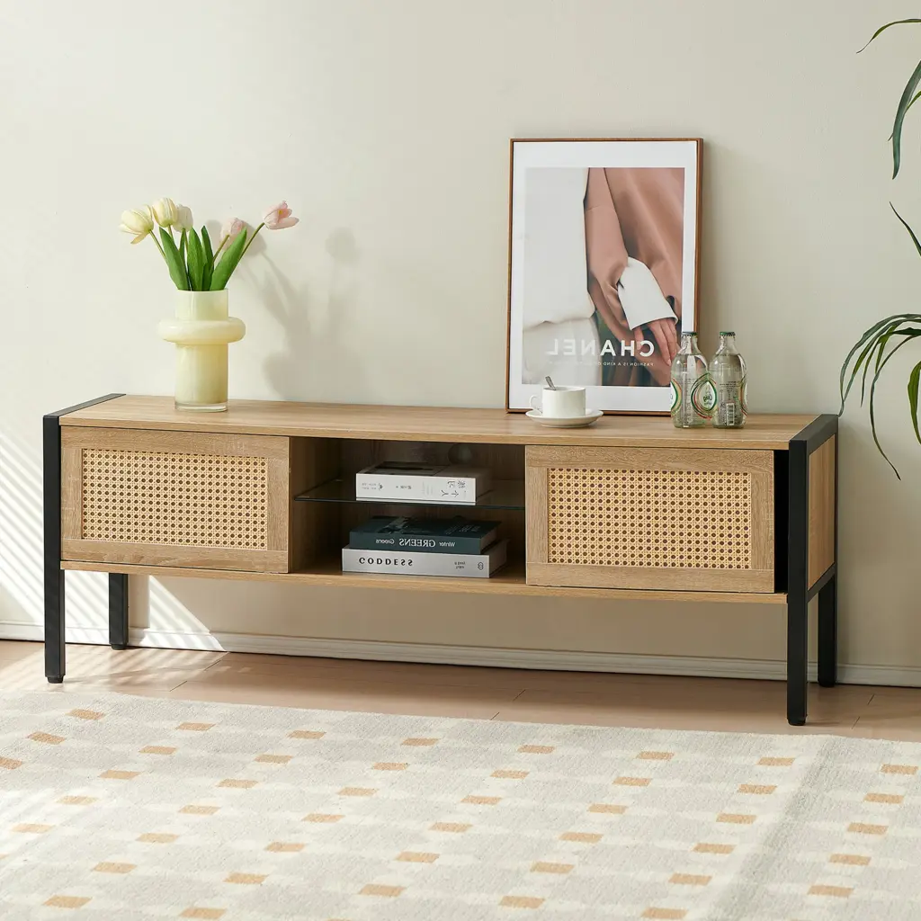 54.33 Inch Rattan TV Cabinet Adjustable Light Strip and Double Sliding Doors sya furniture