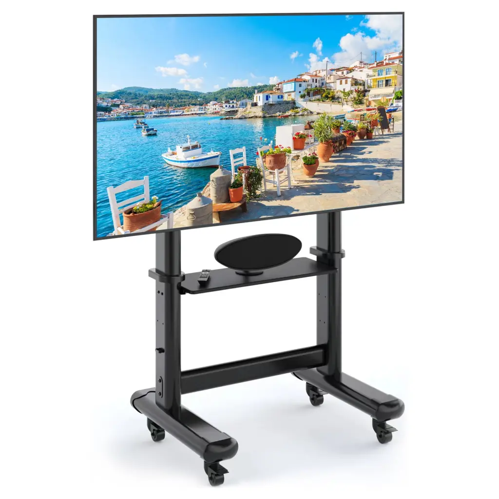YOMT Rolling TV Stand Wheels Large TVs up to 90 Inches - Mobile TV Cart Black