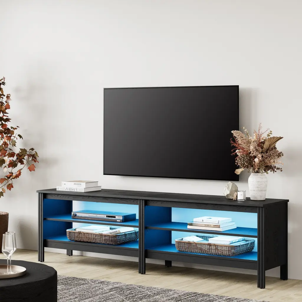LED TV Stand 75 inch TV Farmhouse Wood TV Console 4 Storages Living Room Bedroom Black 70 inch FITUEYES