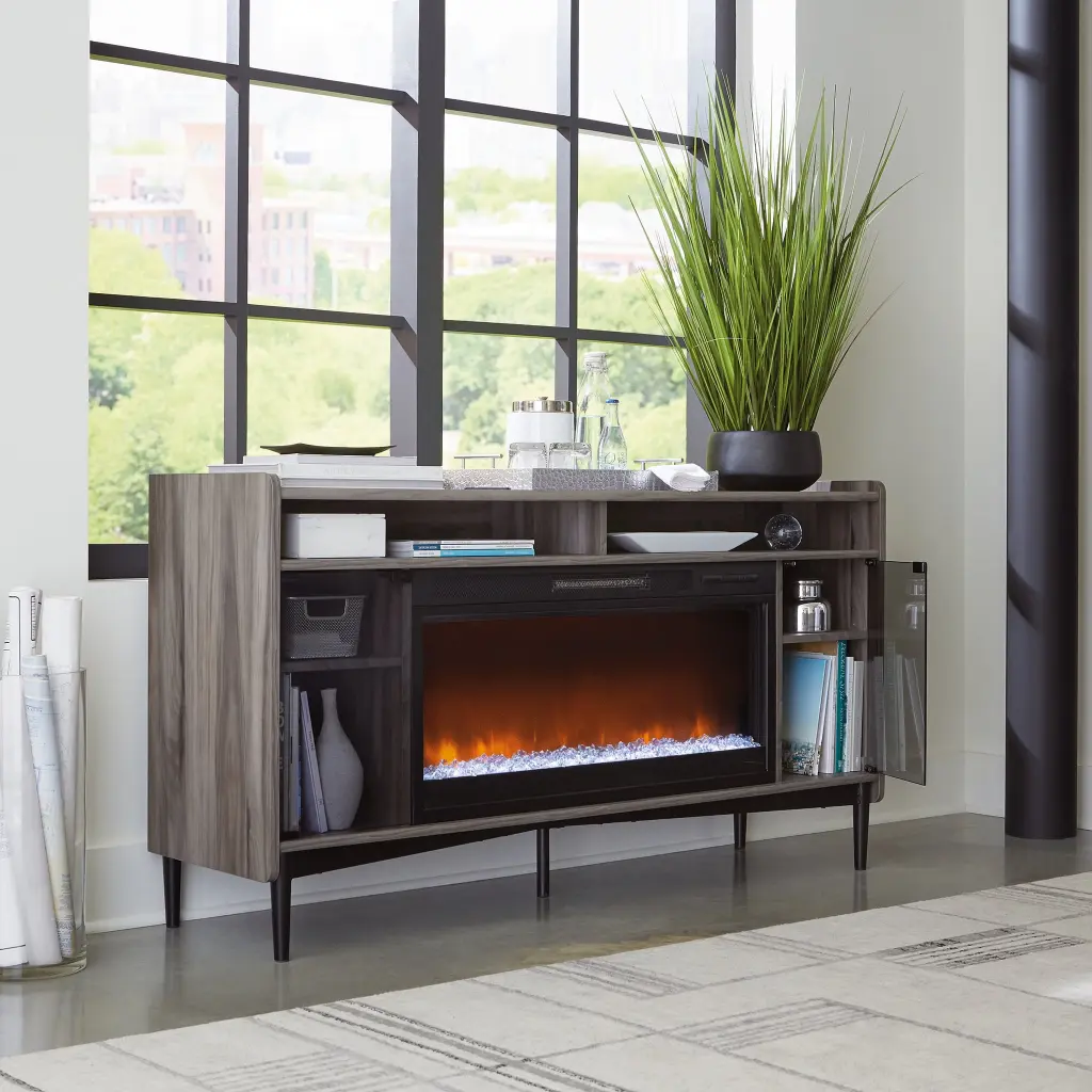 Sauder Harvey Park Fireplace TV Credenza Glass Doors Jet Acacia Finish