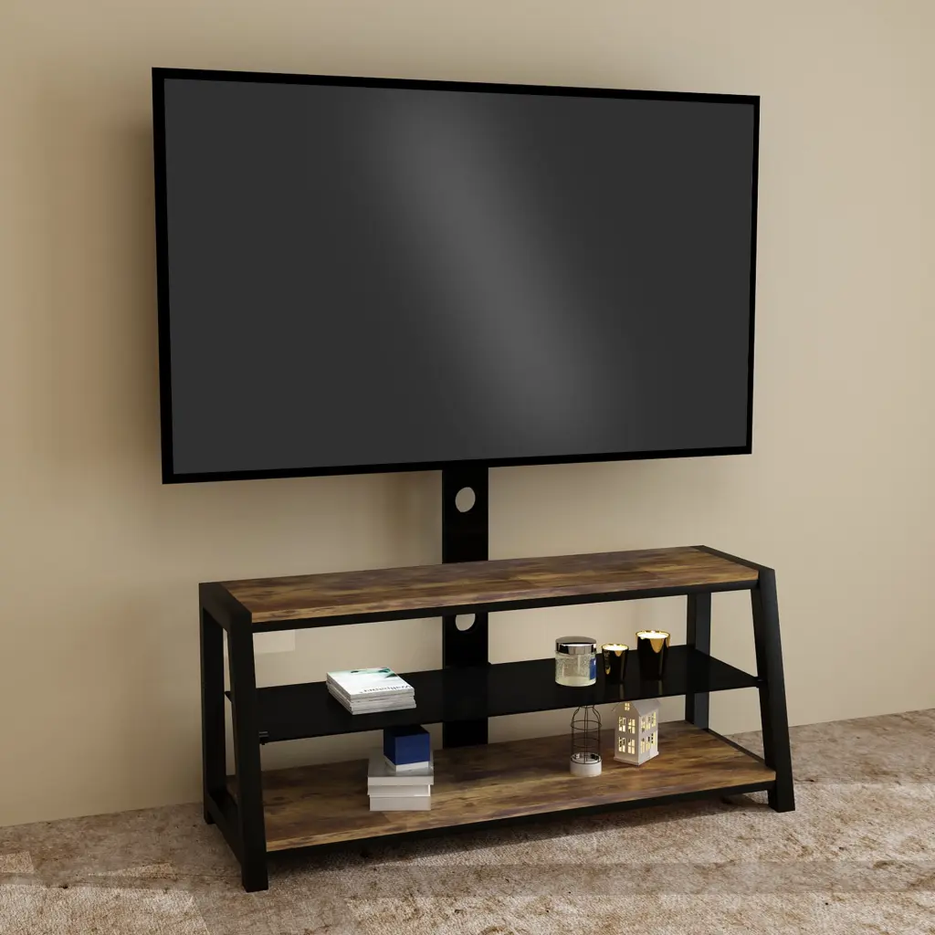 SYNGAR Universal Mount TV Stand Swivel Floor Stand Wood and Tempered Glass Shelves 32-55 Inch TVs