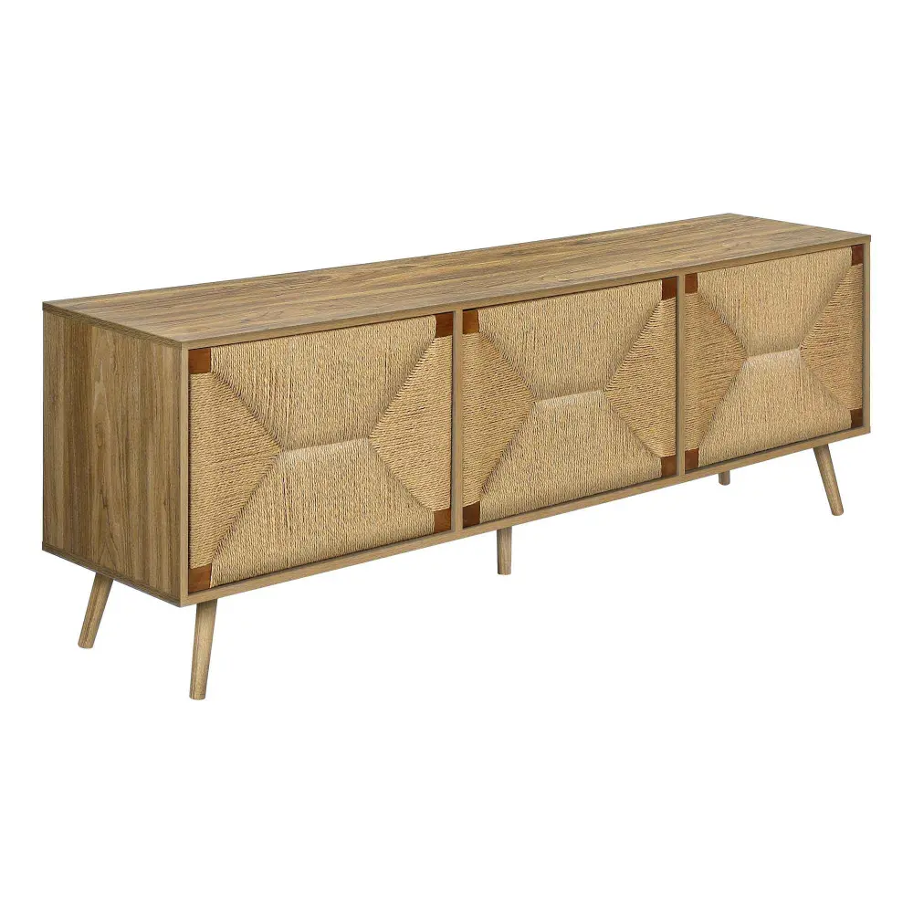 TV Stand Walnut Laminate and Organic Seagrass 3 Doors, 71'' x 15.5'' x 23.75''