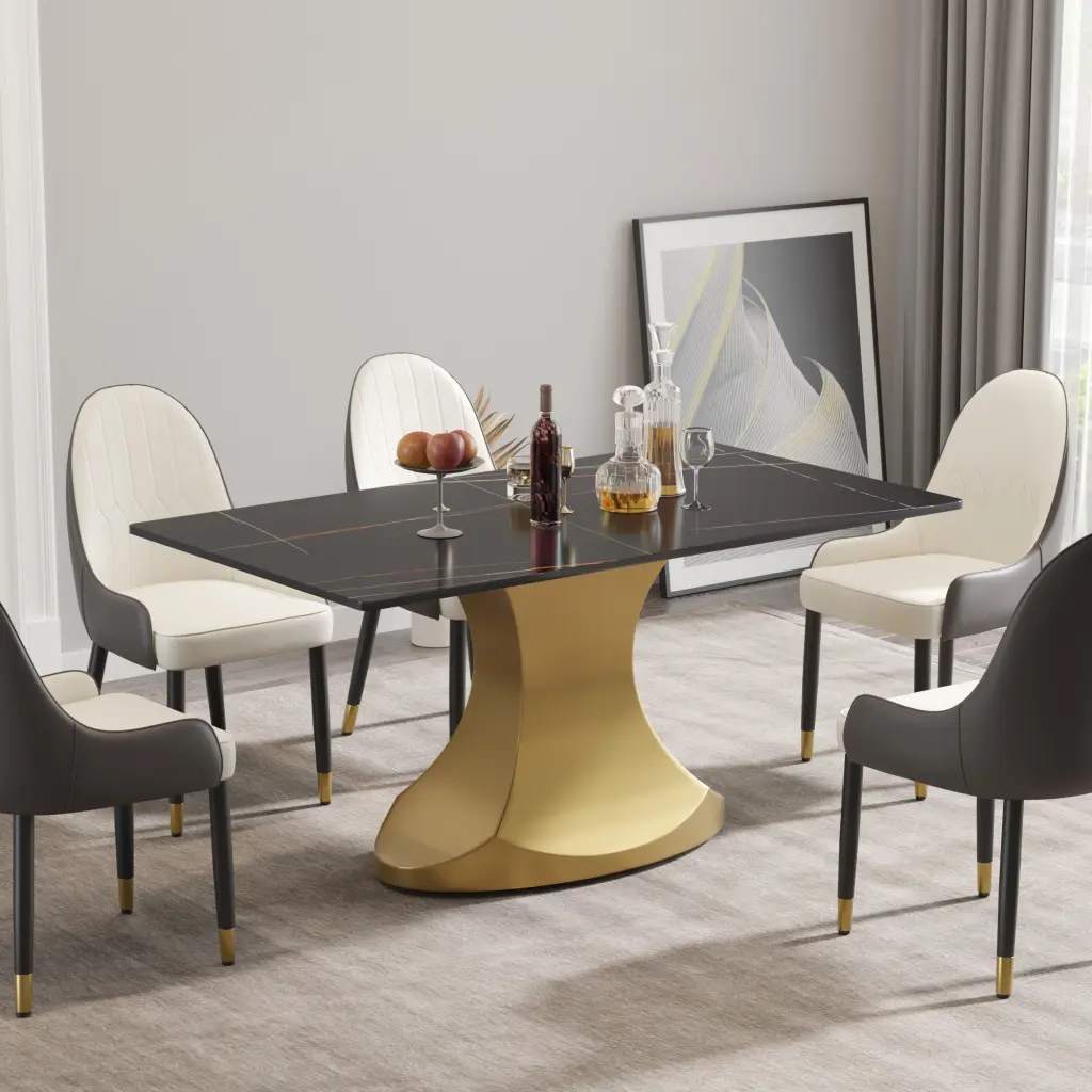63 Inch Modern Artificial Stone Black Panel Golden Stainless Steel Curved TV Stand atunus